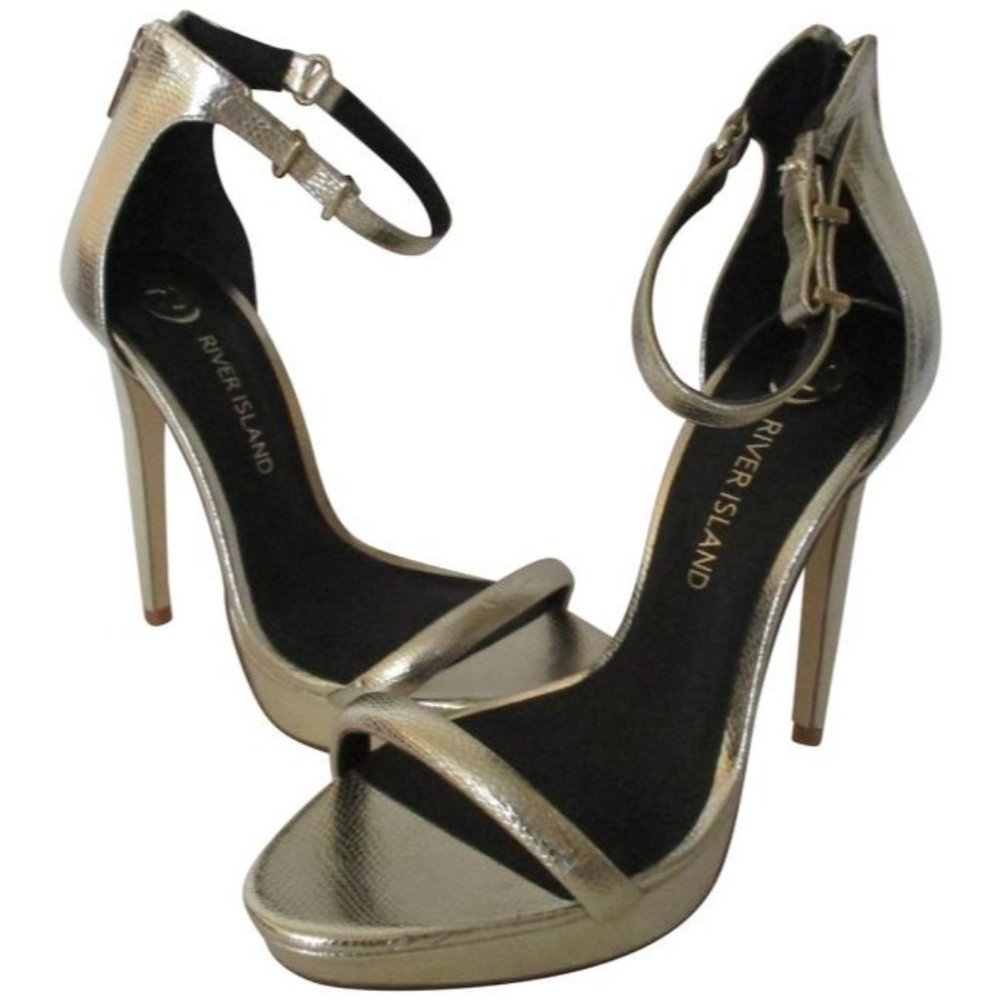 NWT River Island Gold SAARA Metallic Open Toe Heels no box